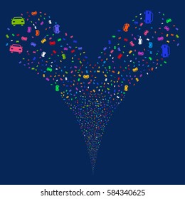 Car fireworks stream. Vector illustration style is flat bright multicolored iconic symbols on a blue background. Object double fountain done from random symbols.