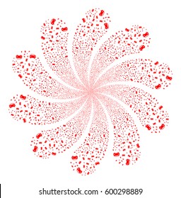 Car fireworks swirl flower with ten petals. Vector illustration style is flat red scattered symbols. Object whirlpool organized from random design elements.