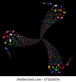 Car fireworks swirl rotation. Vector illustration style is flat bright multicolored iconic symbols on a black background. Object whirlpool organized from random pictograms.