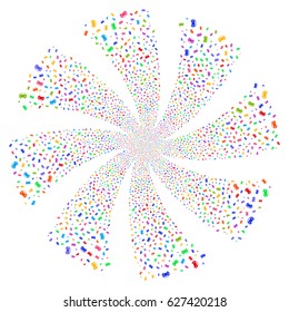 Car fireworks swirl rotation. Vector illustration style is flat bright multicolored iconic symbols on a white background. Object whirlpool combined from random symbols.