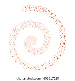 Car fireworks swirling spiral. Vector illustration style is flat orange scattered symbols. Object whirlpool organized from random symbols.