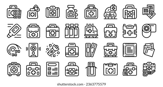 Car first aid kit icons set outline vector. Box medicine. Health safety