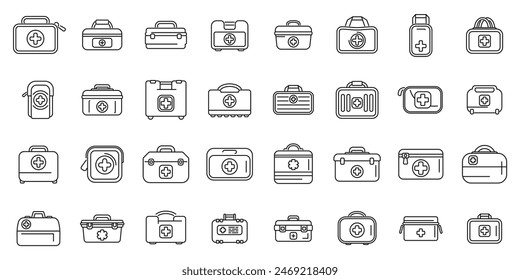 Iconos del kit de primeros auxilios del coche Vector. Una colección de maletas y estuches médicos, incluyendo un botiquín de primeros auxilios, una maleta médica y un estuche médico