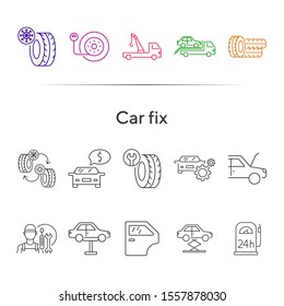 Car fix line icons. Set of line icons. Car lift, evacuator, mechanic. Car repair concept. Vector illustration can be used for topics like car service, business, advertising