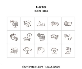 Car fix line icons. Set of line icons. Car lift, evacuator, mechanic. Car repair concept. Vector illustration can be used for topics like car service, business, advertising