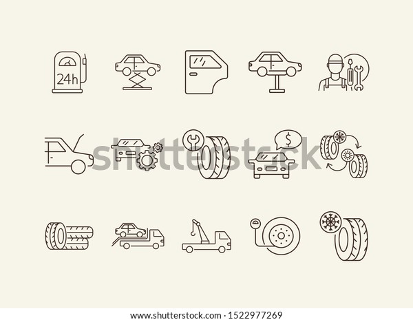 Car fix line icons.\
Set of line icons. Car lift, evacuator, mechanic. Car repair\
concept. Vector illustration can be used for topics like car\
service, business,\
advertising