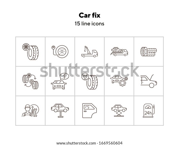 Car fix line icons.\
Set of line icons. Car lift, evacuator, mechanic. Car repair\
concept. Vector illustration can be used for topics like car\
service, business,\
advertising