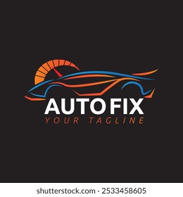 Logotipo del arreglo del coche en color azul y naranja del gradiente, un símbolo de la excelencia en la reparación automotriz y servicio confiable