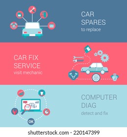 Car fix service spares mechanic shop diag concept flat icons set vector web banners illustration print materials website click infographics elements collection