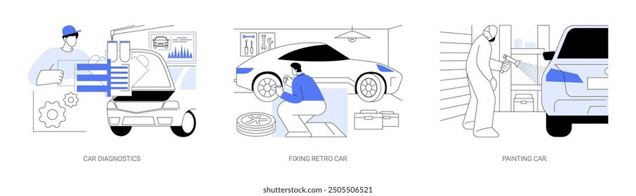 Car fixing isolated cartoon vector illustrations set. Repairman fixing motor, making vehicle diagnostics, man work on retro car repair, painting in home garage, custom automotive vector cartoon.