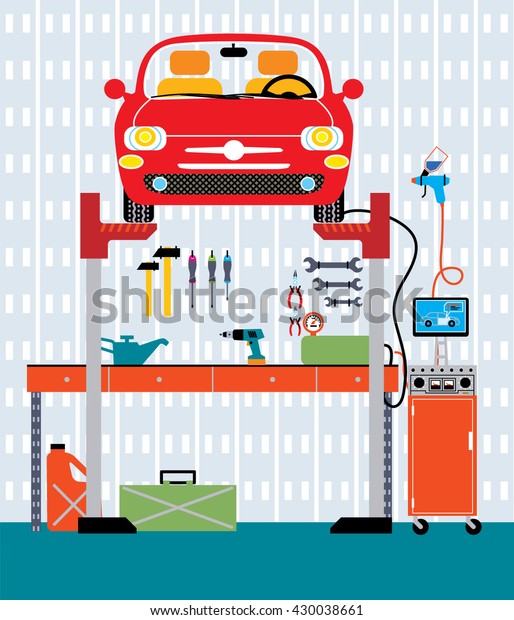 Car fixing at the lifting-jack\
hoist. Auto repair service interior. Vector\
illustration.