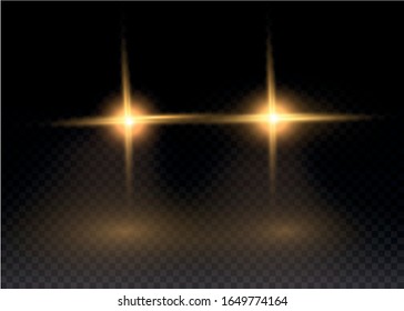 Car flash effect on a transparent background. Realistic yellow glow round headlights. Car headlights shining on dark background. Light flash of light. Vector illustration, EPS 10.