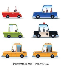 Car Flat Icon Set. Collection of different cars. Isolated on white background. Side view. Cartoon style, vector illustration.