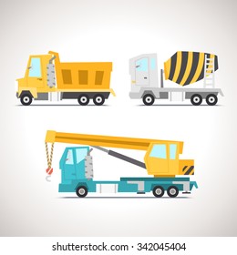 Car Flat Icon Set with Construction Equipment: Crane Truck, Concrete Mixer and Truck