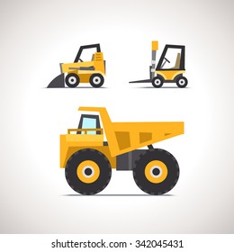 Car Flat Icon Set with Construction Equipment: Dump Truck, Forklift and Skid Steer Loader