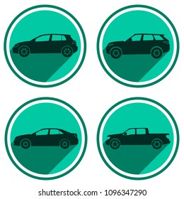 Car flat icon set, green color. Flat sign, icon, symbol green color with shadow. Car body hatchback, off road truck, SUV, pick up, sedan. Flat car model set in color circle. Sign for web, book, site

