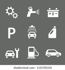 car flat icon transportation car repair auto petroleum fuel car wash wrench wheel white grey spray drive accumulator battery absorber stop sign auto painting wrench gear wheel fix repair electric car