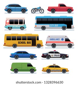 Car flat icons. Public city transport bus, cars and bike, truck. Vehicle vector cartoon symbols