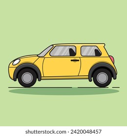 car flat illustration vector, yellow mini cooper with wheels vector illustration 