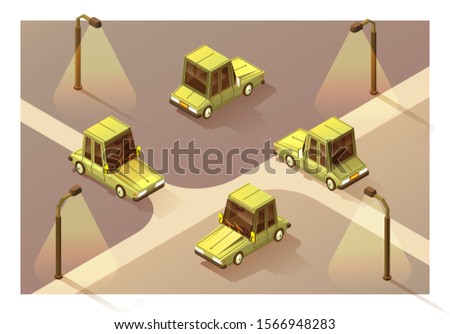 Car flat in isometry style. Four projections of a machine in isometry. Isolated Vector