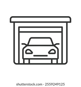 Car in a flat roof garage, icon in line design. Car, garage, flat, roof, vehicle, parking, shelter on white background vector. Car in a flat roof garage editable stroke icon