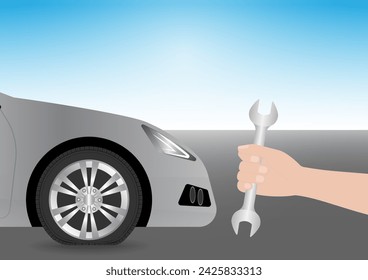 Neumático pinchado o rueda perforada. Rueda de cambio mecánico. Ilustración vectorial.