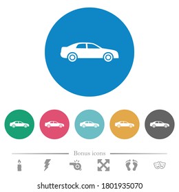 Car flat white icons on round color backgrounds. 6 bonus icons included.