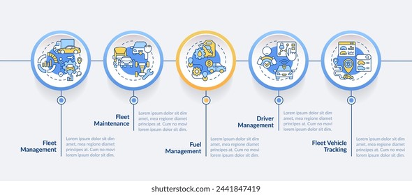 Car fleet optimization circle infographic template. Efficiency management. Data visualization with 5 steps. Editable timeline info chart. Workflow layout with line icons. Lato-Bold, Regular fonts used