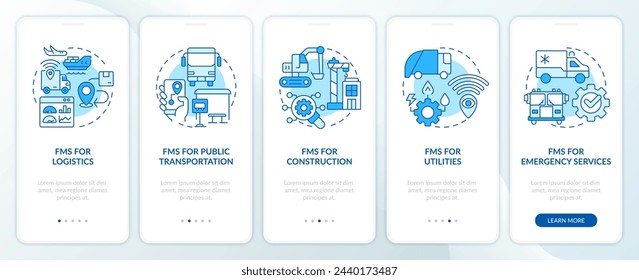 Variationen der Fahrzeugflotte: blauer Bildschirm für Onboarding-Mobile-Apps. Exemplarische Vorgehensweise 5-stufige, bearbeitbare grafische Anweisungen mit linearen Konzepten. UI, UX, GUI-Vorlage. Unzählige Pro-Bold, reguläre Schriftarten verwendet