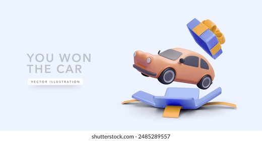 Car flies out of the gift box in 3D cartoon style. Vector illustration