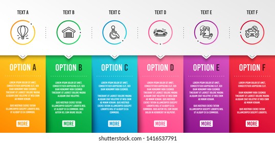 Car, Flight destination and Disabled icons simple set. Parking garage, Air balloon and Car leasing signs. Transport, Airplane trip. Transportation set. Infographic template. 6 steps timeline. Vector