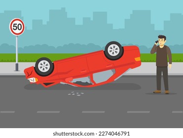 Car flips onto roof after colliding with vehicle. Upside down car crash on road. Terrified and shocked young male driver calls emergency and insurance. Flat vector illustration template.