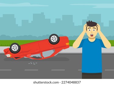 Car flips onto roof after colliding with vehicle. Upside down car crash on road. Terrified young male driver holding his head with hands after road accident. Flat vector illustration template.