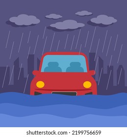 Car flood in the city concept vector illustration. Flooded car under heavy rain weather natural disaster.