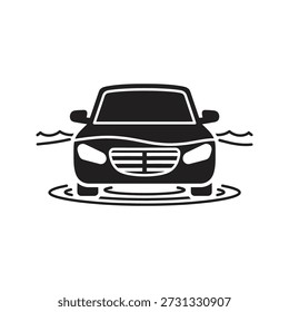 Auto in Flut Symbol Vektorgrafik, die das Fahrzeug zeigt, das in Tiefwasser feststeckt Naturkatastrophe Regen Sturm Wetterschaden Konzept einzelne weiße Hintergrund Design-Element