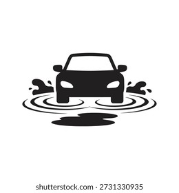 Ilustración vectorial del icono de la inundación del coche que muestra el vehículo que conduce a través del charco de agua Deep Splash Rain Desastre Concepto de daño de Clima aislado Elemento de diseño de fondo blanco