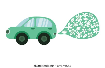 Car with flowers and leaves instead exhaust gases. International Biodiesel Day. Conservation natural resources concept, electric machine