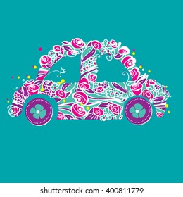 car. flowers. vector. postard. bouquet