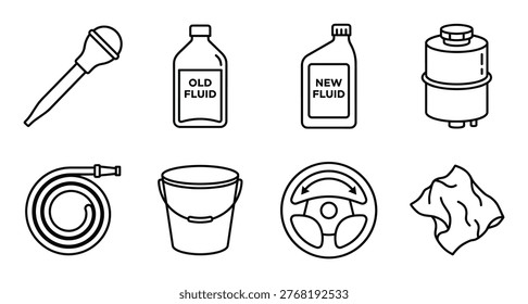 Car fluid change kit with old new fluid bottles, hose, bucket, steering wheel symbol, and cloth. Vehicle maintenance supplies.