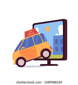 Car with food delivery sign coming out of computer monitor screen cartoon style, vector illustration isolated on white background. Online food order via internet web site, fast delivery