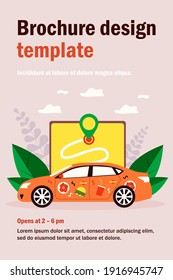 Car with food stickers. Restaurant courier vehicle, location app, address flat vector illustration. Service, food delivery, online order concept for banner, website design or landing web page