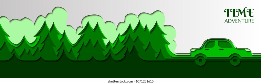 Car and forest made of several layers of colored paper. Time to travel.