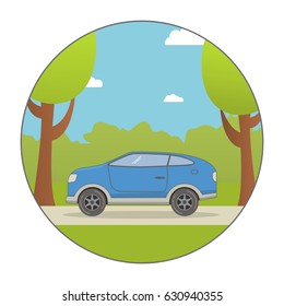 The car forest road in flat style a vector.landscape and travel trees. A country trip on nature. The SUV goes on the road in the countryside.Off-road all-wheel drive vehicle

