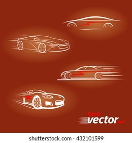 Car in the form of lines of silhouette, in movement. Light on a dark background .Set.eps 8