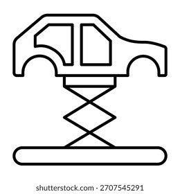 Fahrzeugrahmen angehoben durch Kran dünne Linie Symbol, Autoteile Konzept. Vektorgrafiken. Aufzugschild auf weißem Hintergrund, Umrissstil-Symbol für Mobil- oder Webdesign