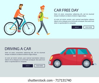 Car Free Day and driving cars disadvantages web page design. Vector illustration contains auto, pedestrian with backpack and man riding bicycle