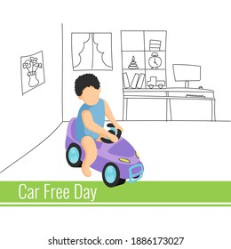 Car free day eco holiday 22 september. Baby on toy car with text - Car free day. Banner, poster, flyer, card concept design. Vector illustration