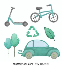 Car free day holiday banner or poster. watercolor drawing style with bicycle and electric car, realistic leaves, trees and recycle sign. flat design Vector illustration.