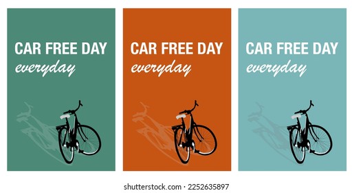 Car free day holiday banner or poster. Set of three vintage posters with the bike and a quote on the colourful background. Flat vector illustration.