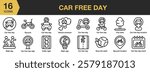 Car Free Day icon set. Includes awareness, bicycle, nature, pollution, walking, eco, and More. Outline icons vector collection.